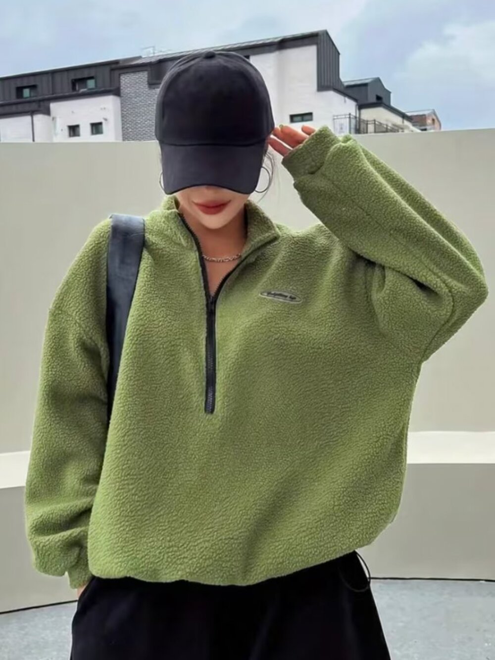 Women's green fleece pull over with zipper